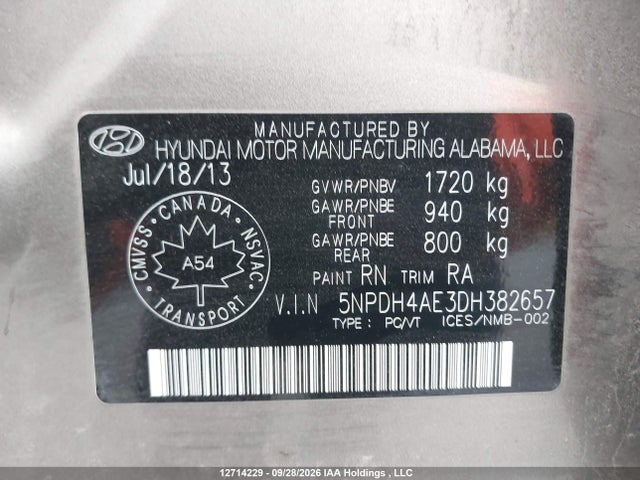 Aukcja sprzedaży 2013 Hyundai Elantra Gl, vin: 5NPDH4AE3DH382657, numer aukcji: 12714229