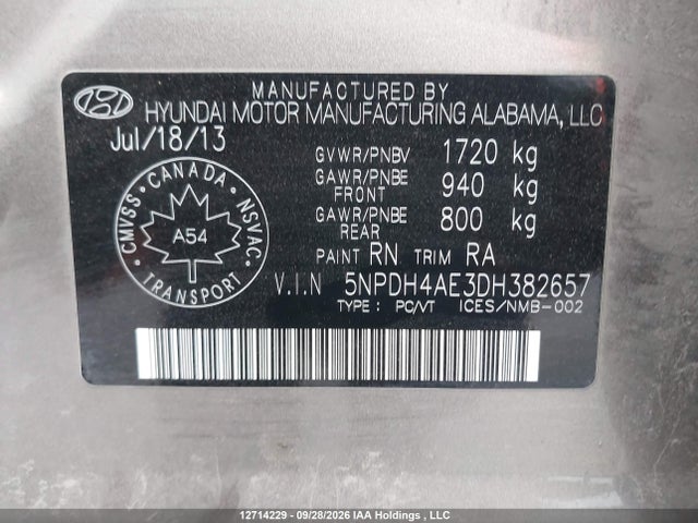 Aukcja sprzedaży 2013 Hyundai Elantra Gl, vin: 5NPDH4AE3DH382657, numer aukcji: 12714229