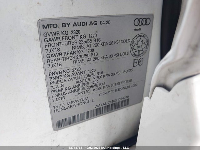 2025 Audi Q3 Premium 40 მანქანა იყიდება აუქციონზე, vin: WA1AUCF30S1074070, აუქციონის ნომერი: 12718764