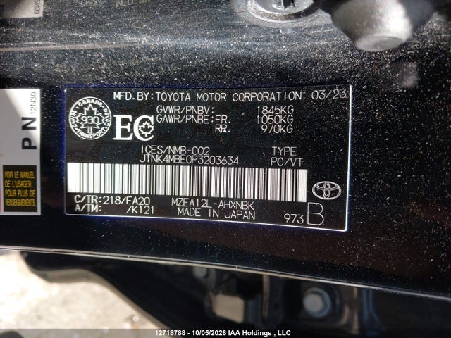 12718788 :رقم المزاد ، JTNK4MBE0P3203634 vin ، 2023 Toyota Corolla Se مزاد بيع