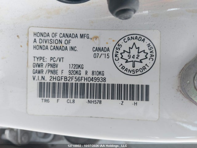 2015 Honda Civic Ex მანქანა იყიდება აუქციონზე, vin: 2HGFB2F56FH049938, აუქციონის ნომერი: 12718802