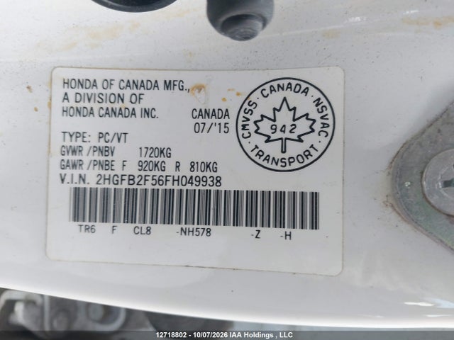 2015 Honda Civic Ex მანქანა იყიდება აუქციონზე, vin: 2HGFB2F56FH049938, აუქციონის ნომერი: 12718802