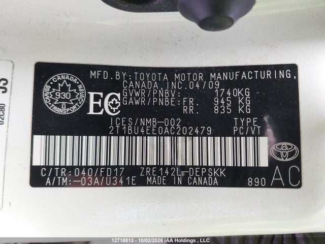 Продажа на аукционе авто 2010 Toyota Corolla S, vin: 2T1BU4EE0AC202479, номер лота: 12718813