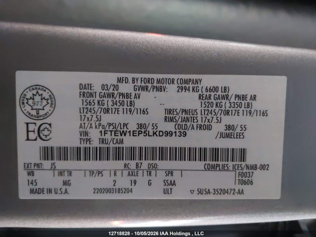 12718828 :رقم المزاد ، 1FTEW1EP5LKD99139 vin ، 2020 Ford F-150 Xlt مزاد بيع