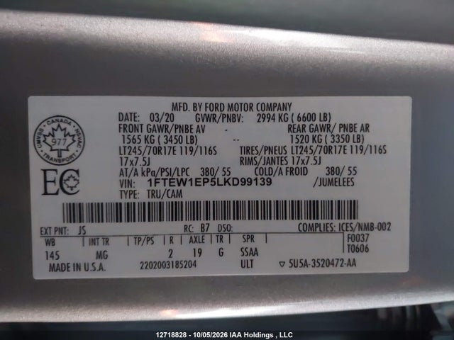 12718828 :رقم المزاد ، 1FTEW1EP5LKD99139 vin ، 2020 Ford F-150 Xlt مزاد بيع