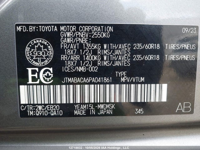 12718832 :رقم المزاد ، JTMABACA6PA041861 vin ، 2023 Toyota Bz4x Xle/limited مزاد بيع