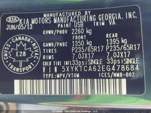 12718849 :رقم المزاد ، 5XYKTCA62EG478684 vin ، 2014 Kia Sorento Lx مزاد بيع