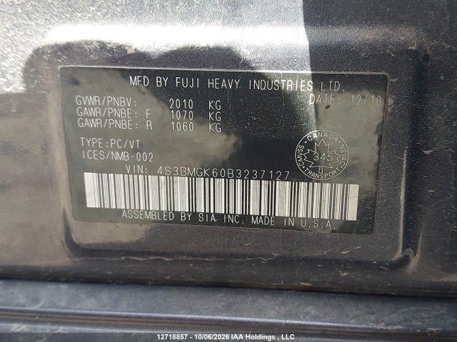 Auction sale of the 2011 Subaru Legacy 2.5 I Limited Package, vin: 4S3BMGK60B3237127, lot number: 12718857