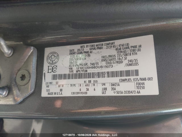 12718870 :رقم المزاد ، 1FMCU0H98DUB19073 vin ، 2013 Ford Escape Sel مزاد بيع