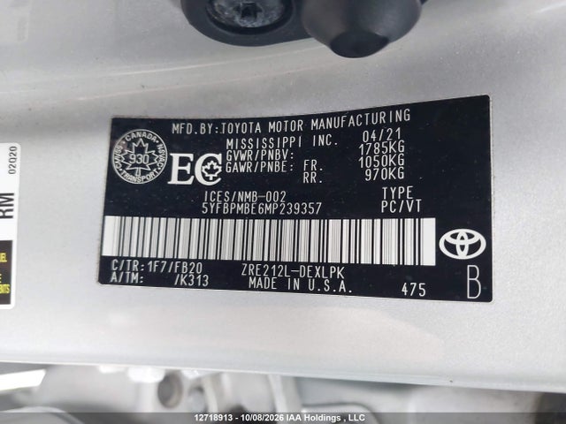 5YFBPMBE6MP239357 Toyota COROLLA LE