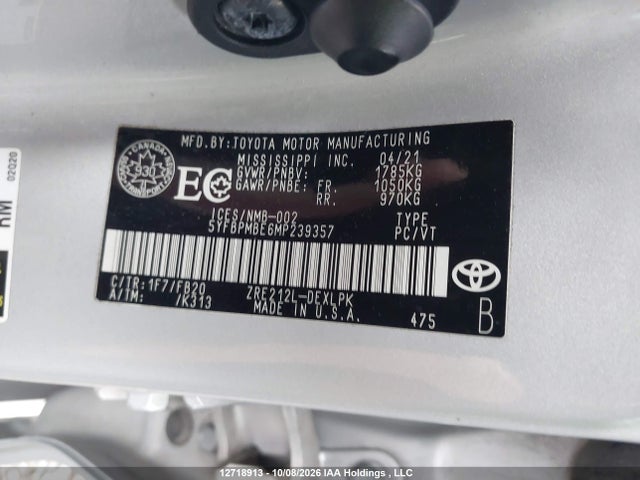 5YFBPMBE6MP239357 Toyota COROLLA LE