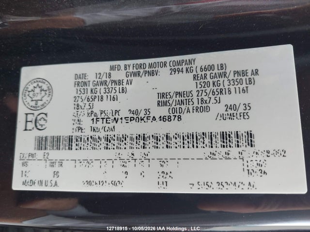 12718915 :رقم المزاد ، 1FTEW1EP0KFA46878 vin ، 2019 Ford F-150 Xlt مزاد بيع