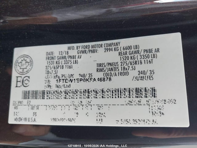 12718915 :رقم المزاد ، 1FTEW1EP0KFA46878 vin ، 2019 Ford F-150 Xlt مزاد بيع