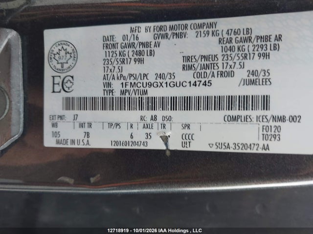 Продаж на аукціоні авто 2016 Ford Escape Se, vin: 1FMCU9GX1GUC14745, номер лоту: 12718919
