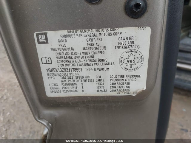 12718923 :رقم المزاد ، 1GKEK13Z92J178507 vin ، 2002 Gmc Yukon مزاد بيع