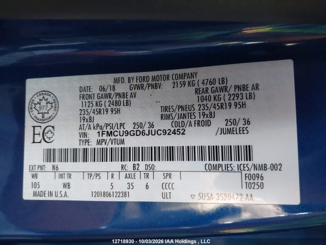 Ford ESCAPE SE 2018 1FMCU9GD6JUC92452 Image 9
