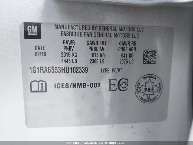 Aukcja sprzedaży 2017 Chevrolet Volt Lt, vin: 1G1RA6S53HU102339, numer aukcji: 12718961