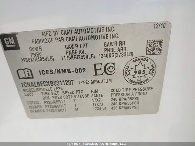 Aukcja sprzedaży 2011 Chevrolet Equinox Ls, vin: 2CNALBECXB6311287, numer aukcji: 12718977