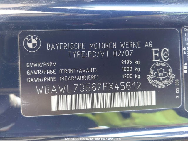 Продаж на аукціоні авто 2007 Bmw 335i, vin: WBAWL73567PX45612, номер лоту: 12718979