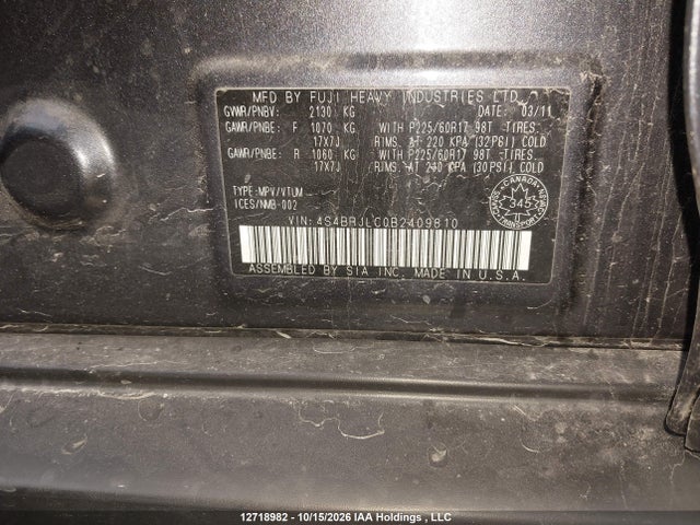 Продажа на аукционе авто 2011 Subaru Outback 3.6r Limited, vin: 4S4BRJLC0B2409810, номер лота: 12718982