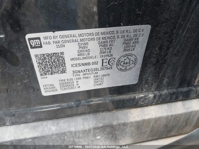 2025 Chevrolet Equinox მანქანა იყიდება აუქციონზე, vin: 3GNAXTEG3SL207549, აუქციონის ნომერი: 12718988