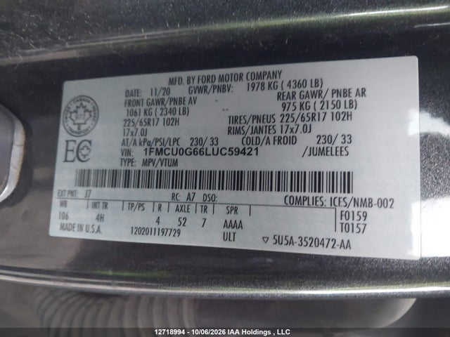 Aukcja sprzedaży 2020 Ford Escape Se, vin: 1FMCU0G66LUC59421, numer aukcji: 12718994