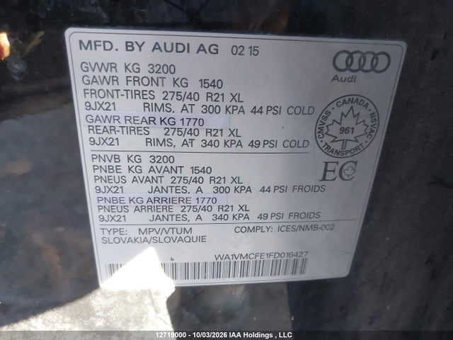 Auction sale of the 2015 Audi Q7, vin: WA1VMCFE1FD016427, lot number: 12719000