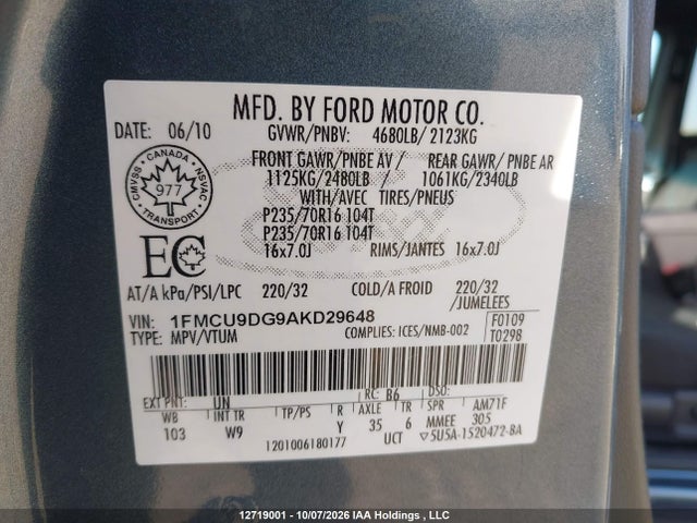 Aukcja sprzedaży 2010 Ford Escape Xlt, vin: 1FMCU9DG9AKD29648, numer aukcji: 12719001