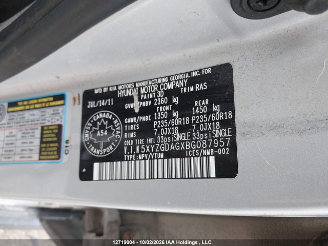 Aukcja sprzedaży 2011 Hyundai Santa Fe, vin: 5XYZGDAGXBG087957, numer aukcji: 12719004