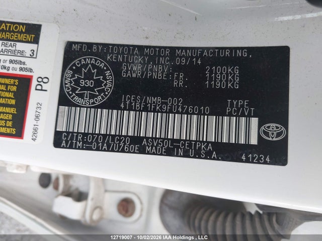 Toyota CAMRY XSE 2015 4T1BF1FK9FU476010 Image 9
