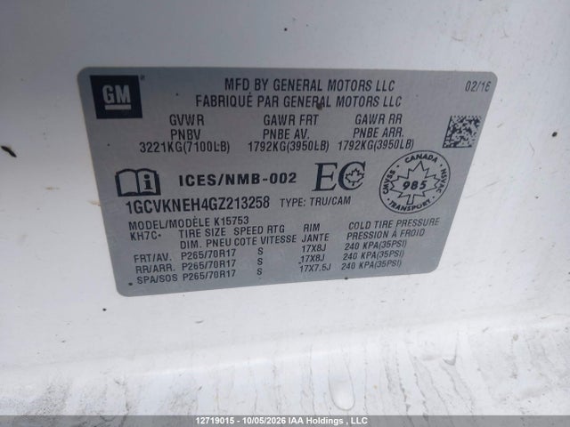 12719015 :رقم المزاد ، 1GCVKNEH4GZ213258 vin ، 2016 Chevrolet Silverado K1500/k1500 Ls مزاد بيع