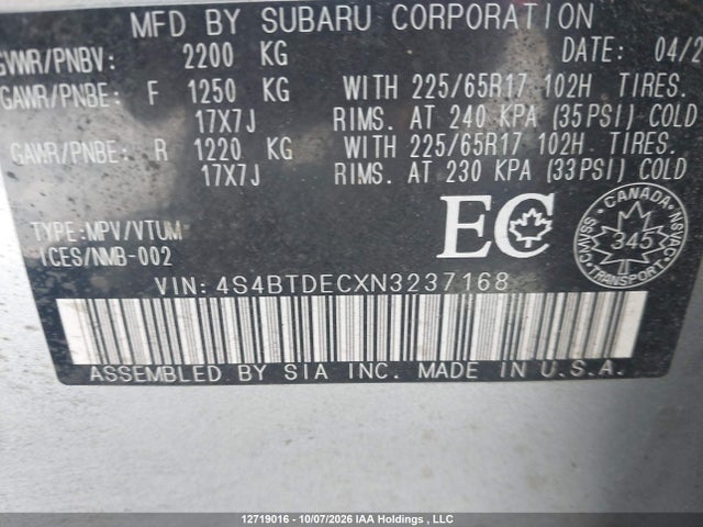 Продажа на аукционе авто 2022 Subaru Outback Touring, vin: 4S4BTDECXN3237168, номер лота: 12719016