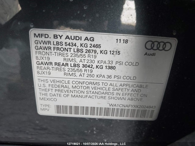 12719021 :رقم المزاد ، WA1CNAFYXK2024843 vin ، 2019 Audi Q5 Prestige مزاد بيع