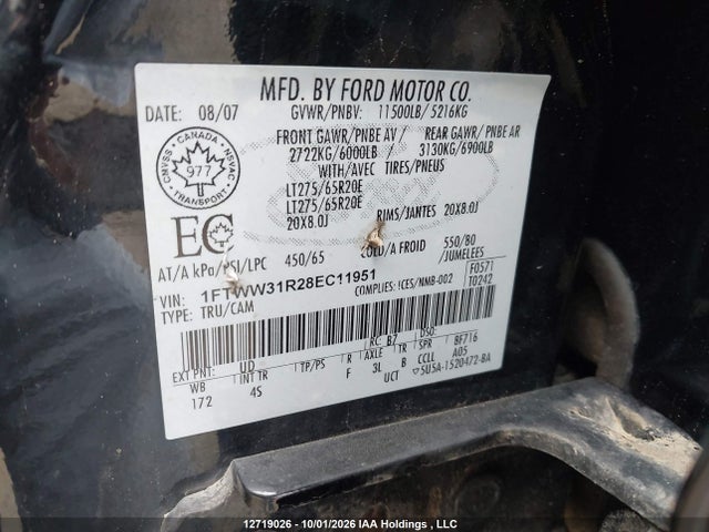 Продажа на аукционе авто 2008 Ford F350 Srw Super Duty, vin: 1FTWW31R28EC11951, номер лота: 12719026