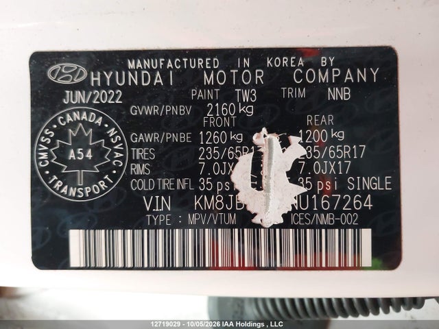 Продажа на аукционе авто 2022 Hyundai Tucson Preferred Awd, vin: KM8JBCAE3NU167264, номер лота: 12719029