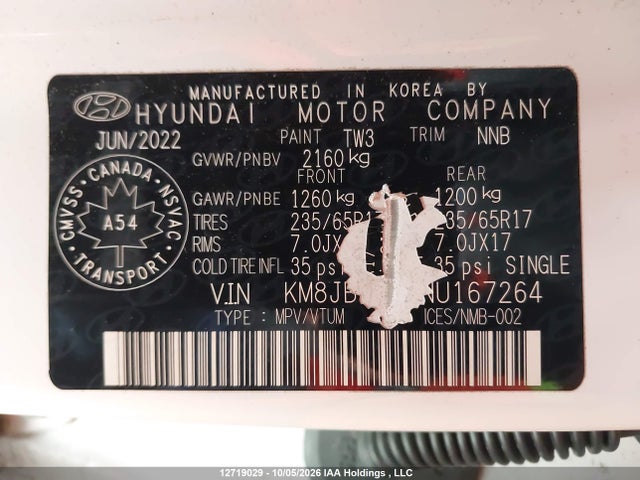 Продажа на аукционе авто 2022 Hyundai Tucson Preferred Awd, vin: KM8JBCAE3NU167264, номер лота: 12719029