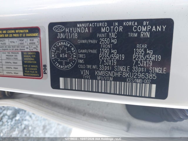 Auction sale of the 2019 Hyundai Santa Fe Xl Ultimate, vin: KM8SNDHF8KU296385, lot number: 12719033