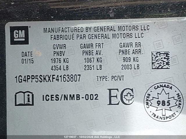 2015 Buick Verano მანქანა იყიდება აუქციონზე, vin: 1G4PP5SKXF4163807, აუქციონის ნომერი: 12719037