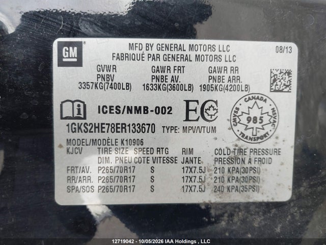 Aukcja sprzedaży 2014 Gmc Yukon Xl 1500 Sle, vin: 1GKS2HE78ER133670, numer aukcji: 12719042