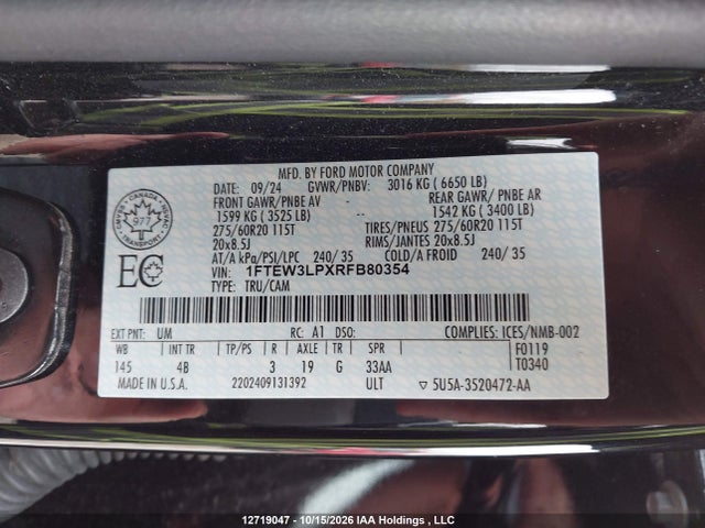 12719047 :رقم المزاد ، 1FTEW3LPXRFB80354 vin ، 2024 Ford F150 Xlt مزاد بيع