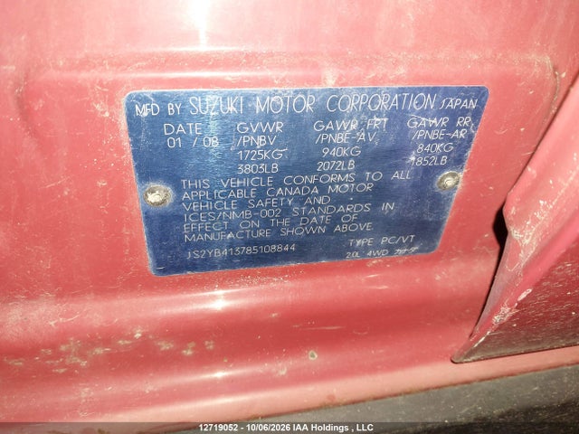 12719052 :رقم المزاد ، JS2YB413785108844 vin ، 2008 Suzuki Sx4 مزاد بيع