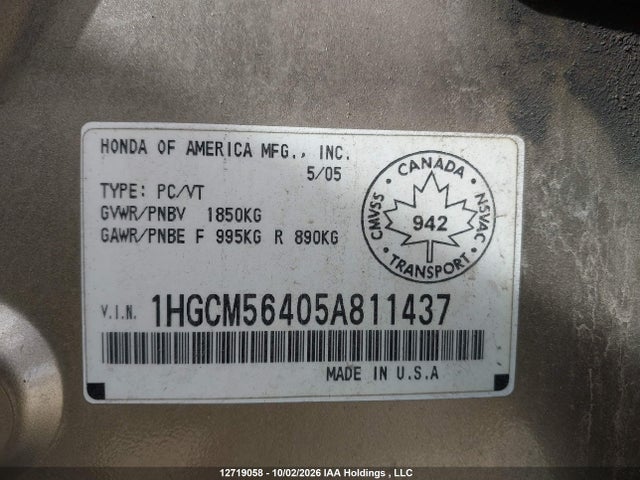 2005 Honda Accord Lx მანქანა იყიდება აუქციონზე, vin: 1HGCM56405A811437, აუქციონის ნომერი: 12719058