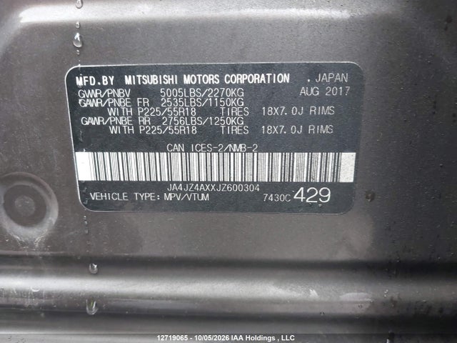 12719065 :رقم المزاد ، JA4JZ4AXXJZ600304 vin ، 2018 Mitsubishi Outlander Gt مزاد بيع