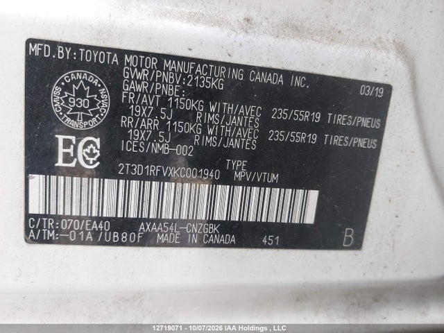 12719071 :رقم المزاد ، 2T3D1RFVXKC001940 vin ، 2019 Toyota Rav4 Limited مزاد بيع