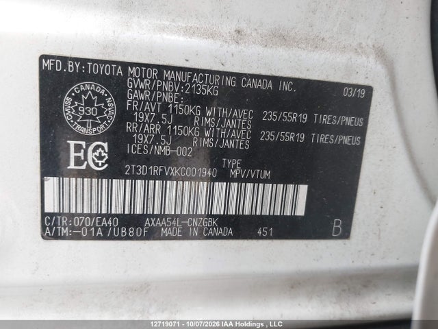 12719071 :رقم المزاد ، 2T3D1RFVXKC001940 vin ، 2019 Toyota Rav4 Limited مزاد بيع