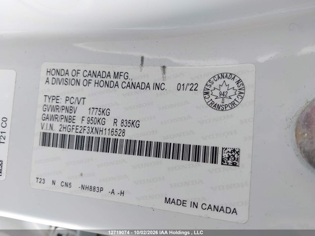 2HGFE2F3XNH116528 Honda CIVIC EX