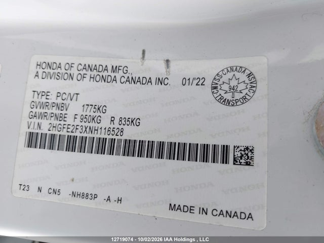 2HGFE2F3XNH116528 Honda CIVIC EX