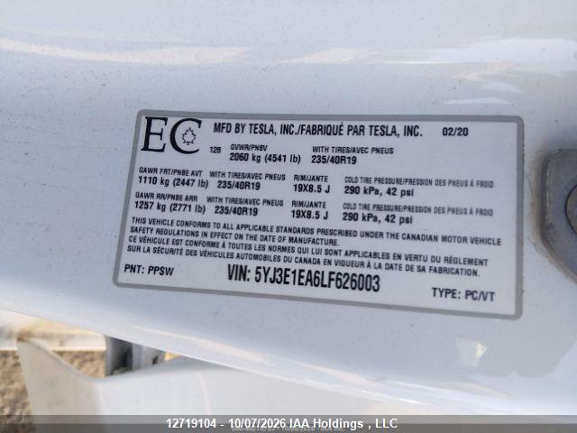 12719104 :رقم المزاد ، 5YJ3E1EA6LF626003 vin ، 2020 Tesla Model 3 مزاد بيع