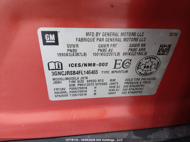 3GNCJRSB4FL146465 Chevrolet TRAX 1LT