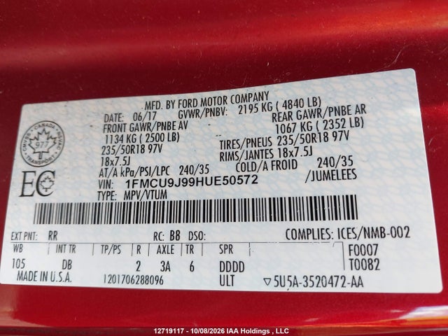 12719117 :رقم المزاد ، 1FMCU9J99HUE50572 vin ، 2017 Ford Escape Titanium مزاد بيع